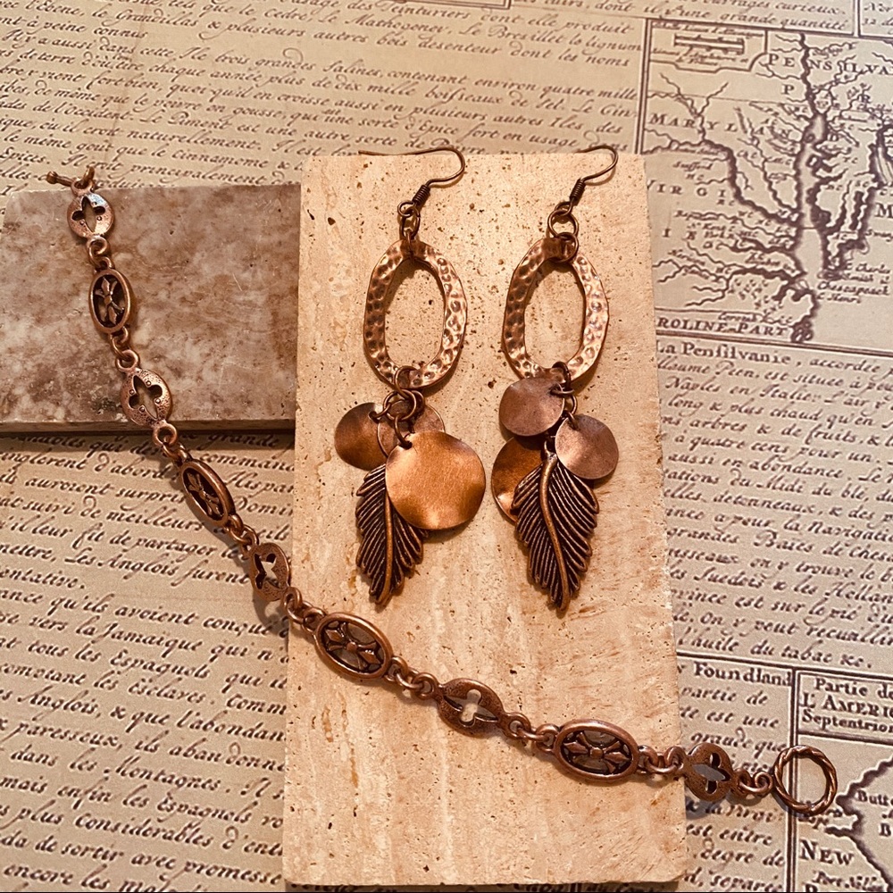 Boho copper earring and bracelet set